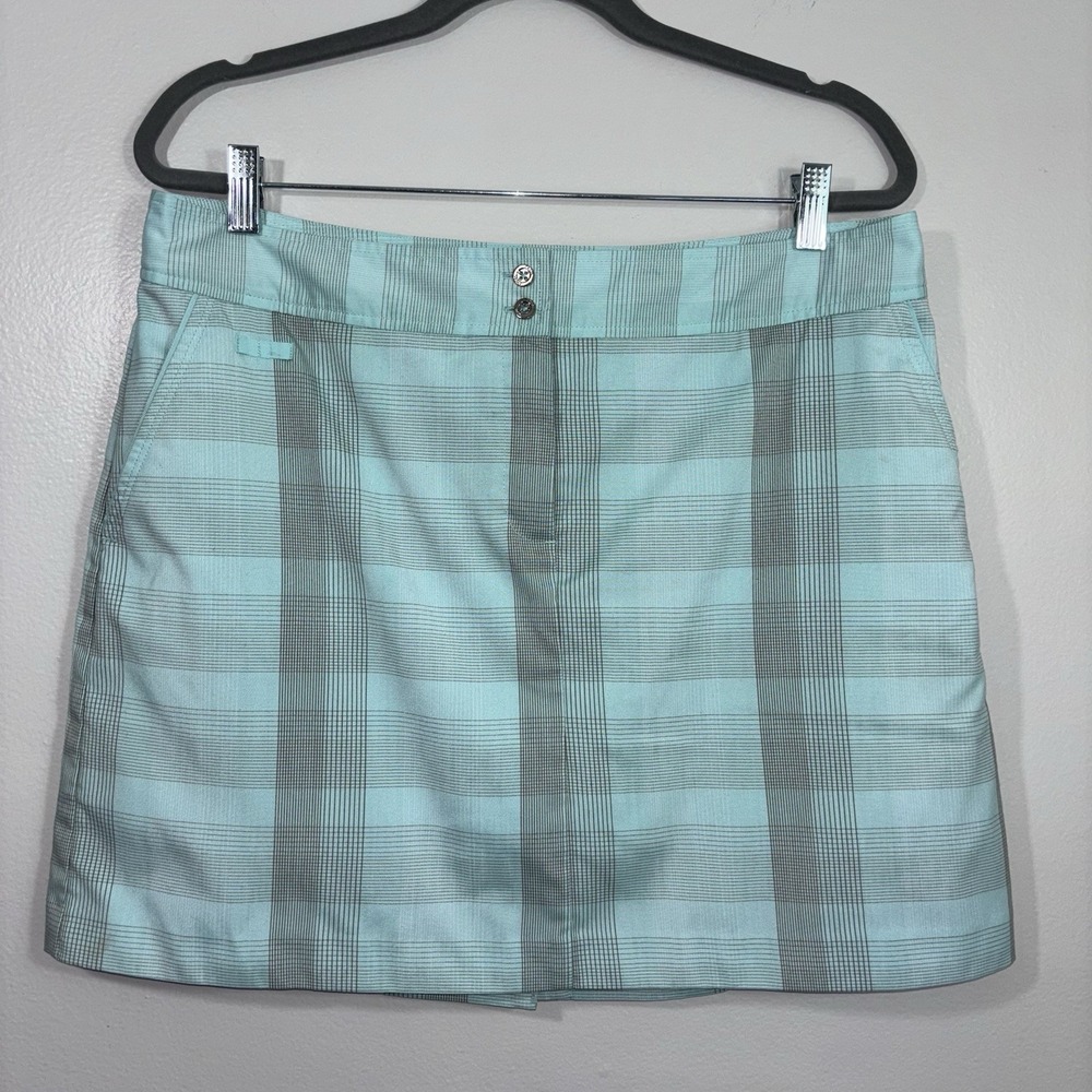 Izod XFG WOMENS Plaid White Blue Gray Skort Size 12 Stretch Skirt/shorts
